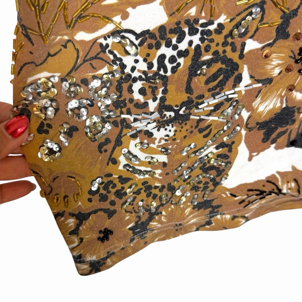 VTG 80s 90s ANIMAL PRINT TIGER LEOPARD TOP T SHIRT BEADED SEQUIN BY LISA INTL M - Picture 4 of 7